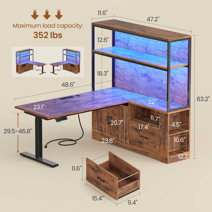 SEDETA 48.6 Inch Standing Desk Height Adjustable Electric L Shaped Stand Up Computer Gaming Desk with Drawers Hutch Power Outlets