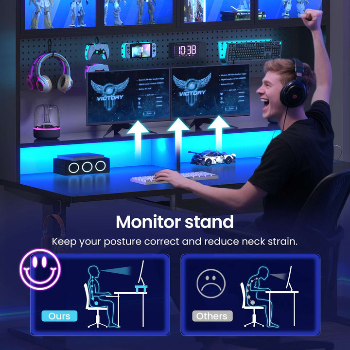 SEDETA 55 Inch Standing Desk Electric Height Adjustable Sit Stand Up Gaming Desk with Led Lights Power Outlet Storage Hutch and Pegboard