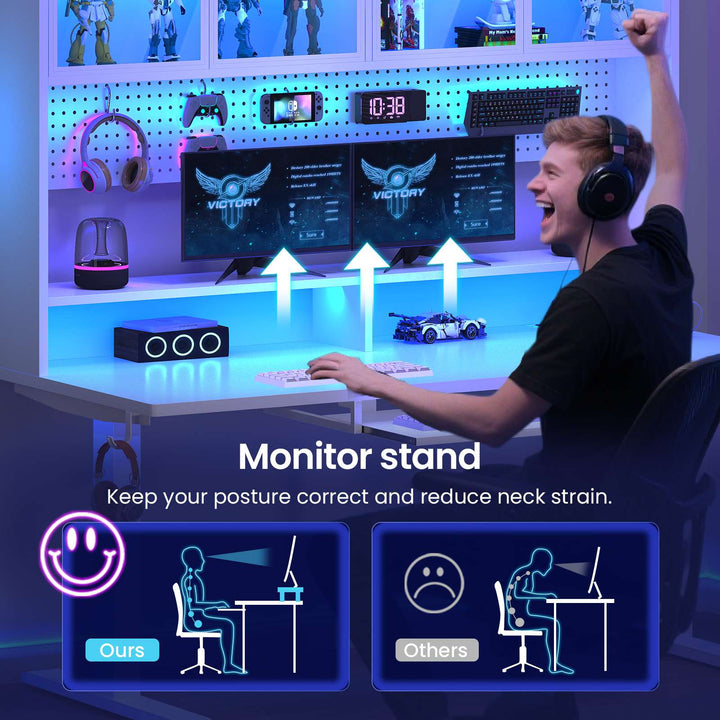 SEDETA 55 Inch Standing Desk Electric Height Adjustable Sit Stand Up Gaming Desk with Led Lights Power Outlet Storage Hutch and Pegboard