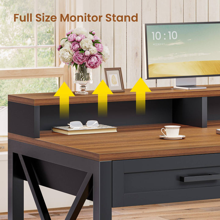 SEDETA 55 Inch Farmhouse Computer Desk with 4 Drawers Power Outlet Gaming Desk with Led Lights Storage Shelves Printer Cabinet
