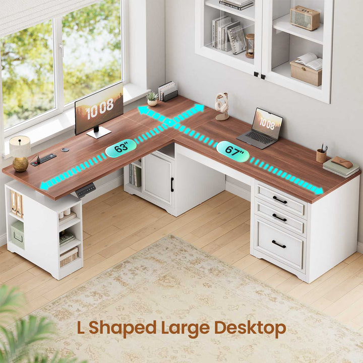 SEDETA 63 Inch L Shaped Electric Standing Desk Height Adjustable Computer Desk Farmhouse with Drawers Shelves and Power Outlet