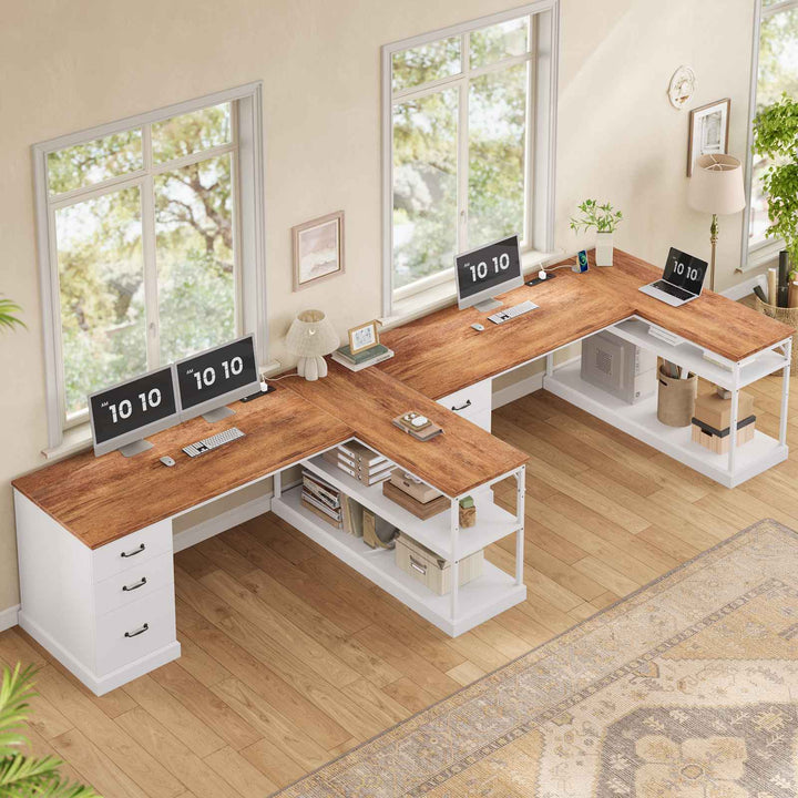 SEDETA® 57.9 Inch Farmhouse L Shaped Computer Desk with Storage Shelves and File Drawers for Home Office
