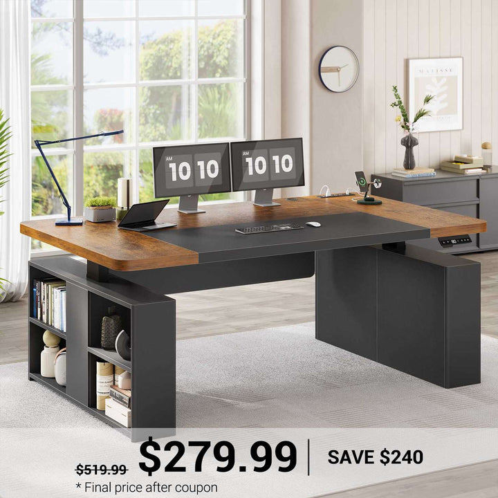 SEDETA 63 Inch Executive Standing Desk with Storage Height Adjustable Desk with Power Outlets Computer Office Desk with Privacy Panel