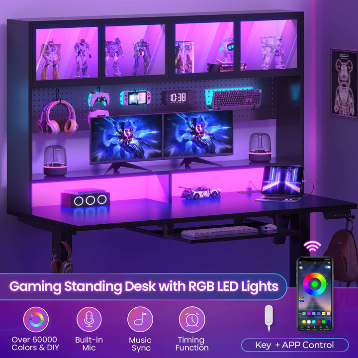 SEDETA 55 Inch Standing Desk Electric Height Adjustable Sit Stand Up Gaming Desk with Led Lights Power Outlet Storage Hutch and Pegboard