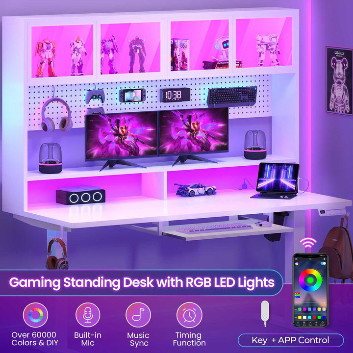 SEDETA 55 Inch Standing Desk Electric Height Adjustable Sit Stand Up Gaming Desk with Led Lights Power Outlet Storage Hutch and Pegboard