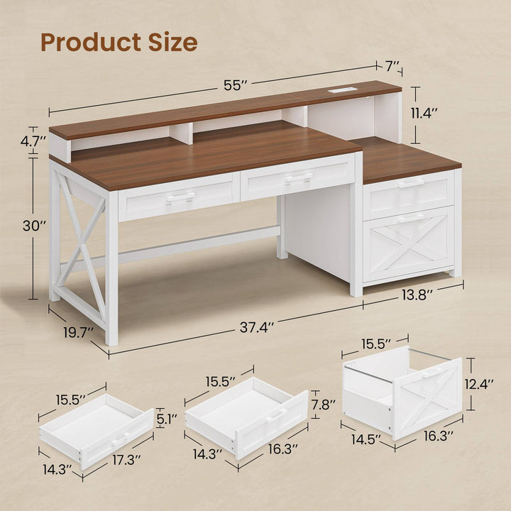 SEDETA 55 Inch Farmhouse Computer Desk with 4 Drawers Power Outlet Gaming Desk with Led Lights Storage Shelves Printer Cabinet