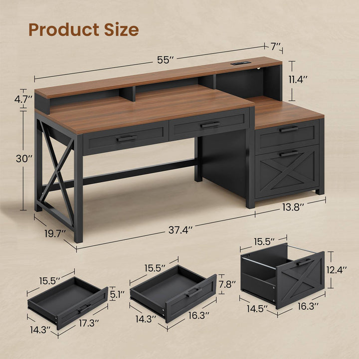 SEDETA 55 Inch Farmhouse Computer Desk with 4 Drawers Power Outlet Gaming Desk with Led Lights Storage Shelves Printer Cabinet