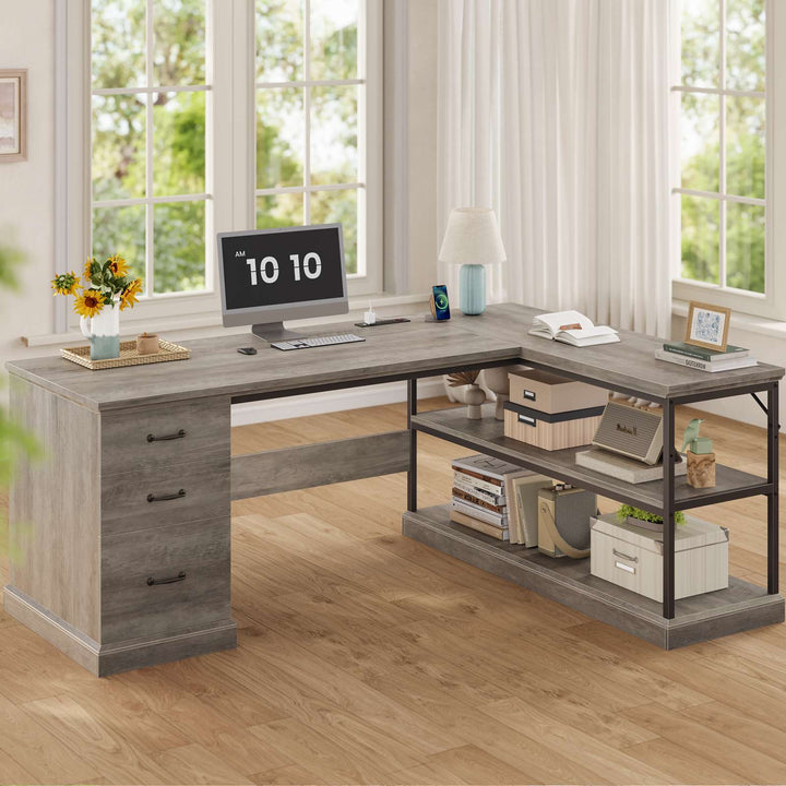 SEDETA® 57.9 Inch Farmhouse L Shaped Computer Desk with Storage Shelves and File Drawers for Home Office