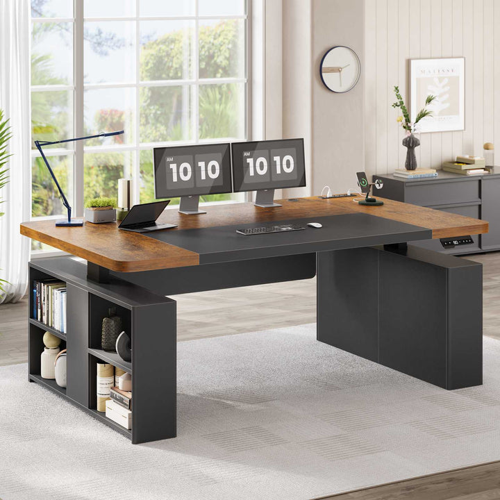 SEDETA 63 Inch Executive Standing Desk with Storage Height Adjustable Desk with Power Outlets Computer Office Desk with Privacy Panel