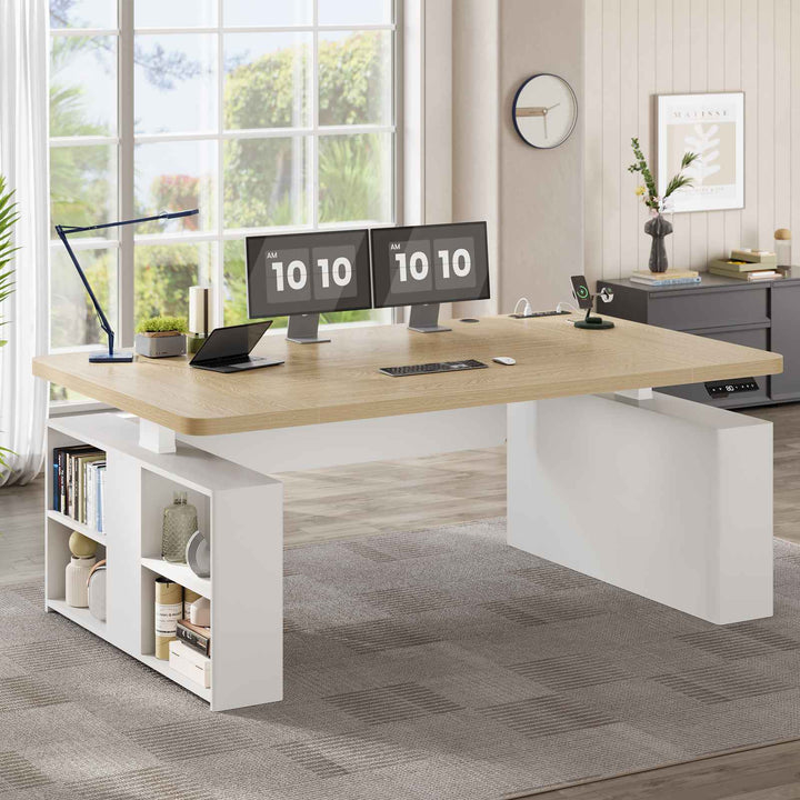 SEDETA 63 Inch Executive Standing Desk with Storage Height Adjustable Desk with Power Outlets Computer Office Desk with Privacy Panel
