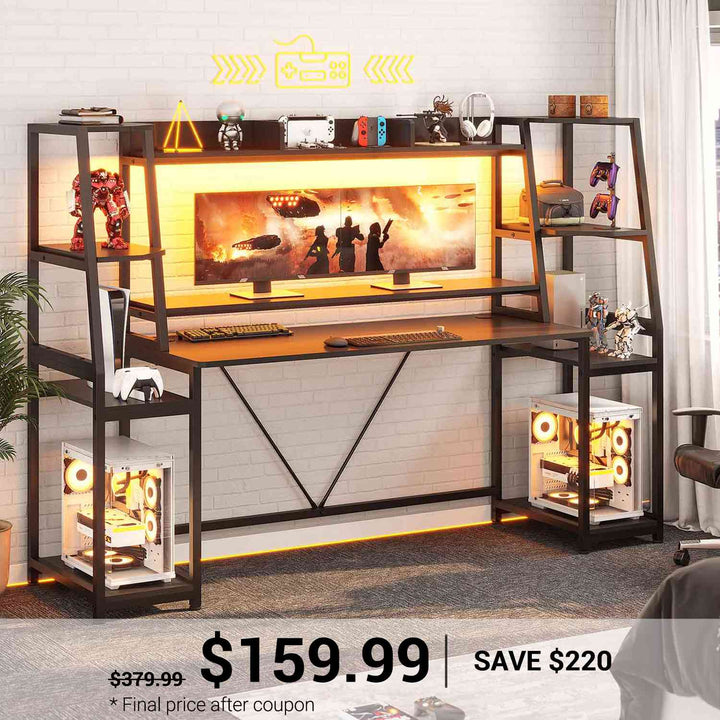 SEDETA | 78.8 Inch LED Ergonomic Gaming Table with Storage Shelves