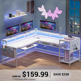 SEDETA | 96 Inch Reversible L Shaped LED Gaming Desk with Pegboard and Storage Shelves