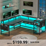 SEDETA | 96 Inch Reversible L Shaped LED Gaming Desk with Pegboard and Storage Shelves