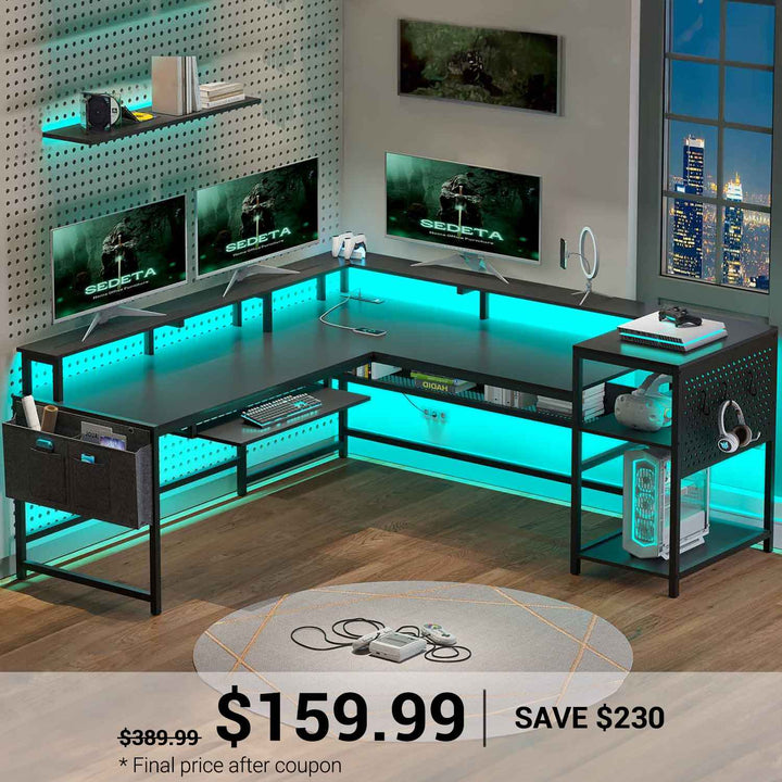 SEDETA® 96 Inch L Shaped LED Gaming Desk Reversible Home Office Computer Table Pegboard and Storage Shelves