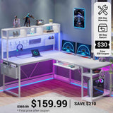 SEDETA® 67 Inch LED Gaming Desk Reversible L Shaped Computer Desk with Power Outlet Pegboard Storage Bag for Home Office