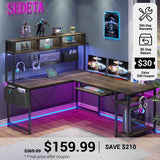 SEDETA® 67 Inch LED Gaming Desk Reversible L Shaped Computer Desk with Power Outlet Pegboard Storage Bag for Home Office