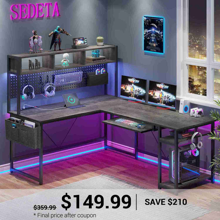 SEDETA® 67 Inch LED Gaming Desk Reversible L Shaped Computer Desk with Power Outlet Pegboard Storage Bag for Home Office