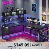 SEDETA | 67 Inch L Shaped Gaming Desk Reversible Computer Desk with LED Lights Power Outlet Pegboard Storage Bag