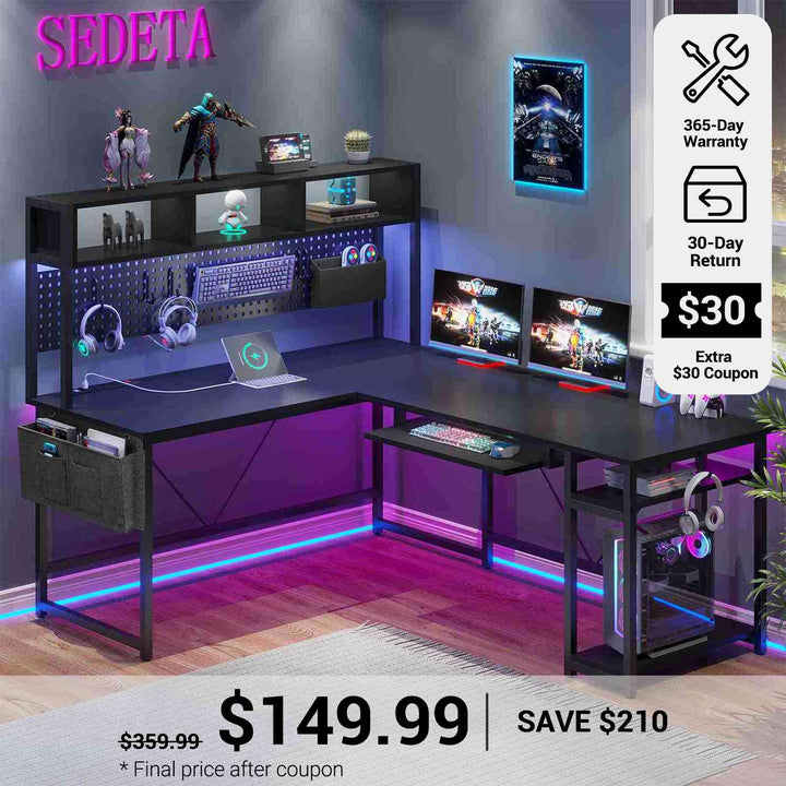 SEDETA® 67 Inch LED Gaming Desk Reversible L Shaped Computer Desk with Power Outlet Pegboard Storage Bag for Home Office