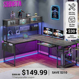 SEDETA® 67 Inch LED Gaming Desk Reversible L Shaped Computer Desk with Power Outlet Pegboard Storage Bag for Home Office