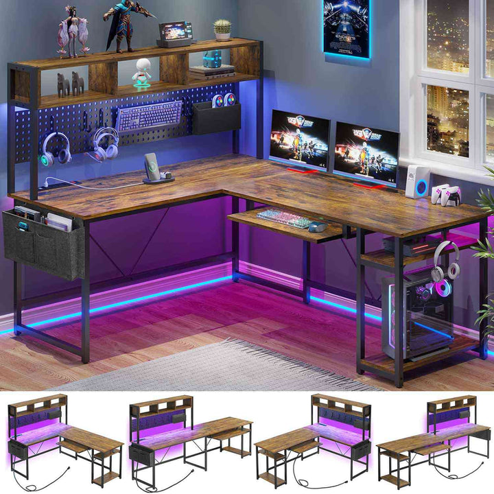 SEDETA® 67 Inch LED Gaming Desk Reversible L Shaped Computer Desk with Power Outlet Pegboard Storage Bag for Home Office