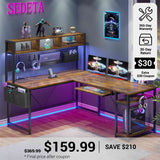 SEDETA® 67 Inch LED Gaming Desk Reversible L Shaped Computer Desk with Power Outlet Pegboard Storage Bag for Home Office