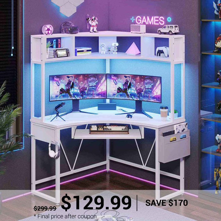SEDETA Triangle Corner Computer Gaming Desk with Hutch & LED Lights