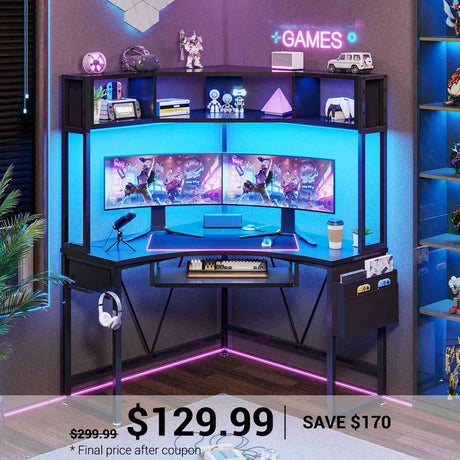 SEDETA Triangle Corner Computer Gaming Desk with Hutch & LED Lights