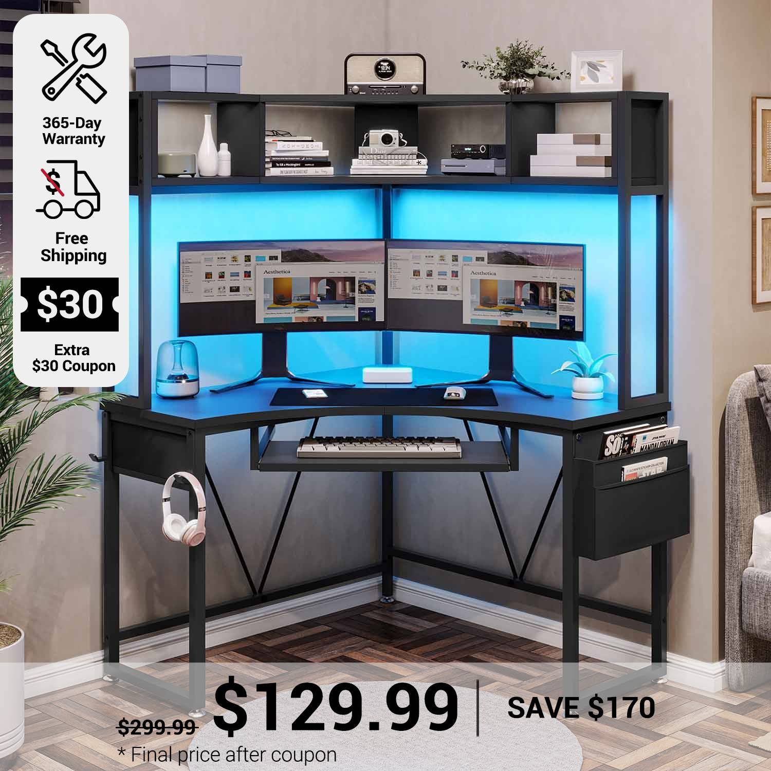 SEDETA Triangle Corner Computer Gaming Desk with Hutch LED Lights