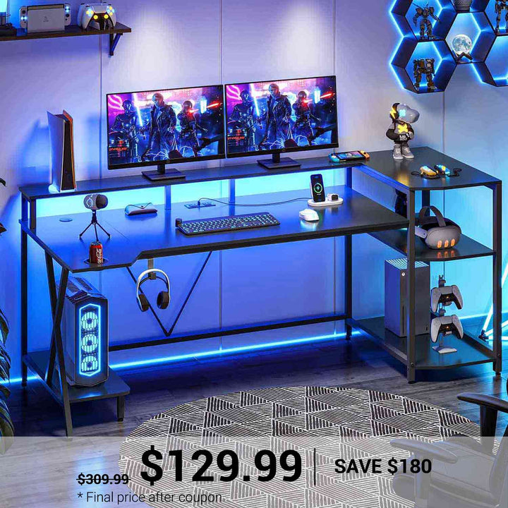 SEDETA | 70.8 Inch Gaming Desk with LED Lights and Storage Shelves