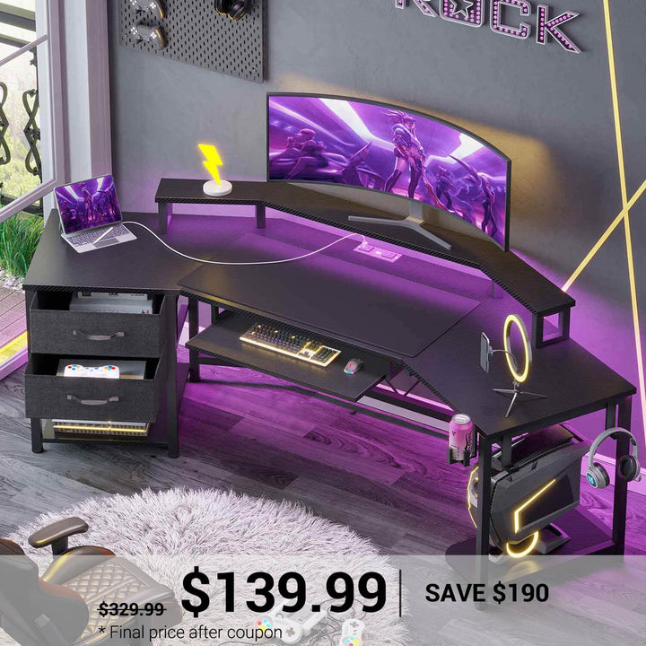 SEDETA® 79 Inch LED Wing Shaped Gaming Desk Computer Table with Storage for Home Office