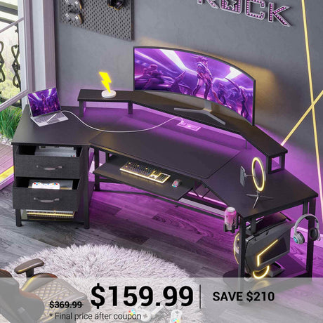 SEDETA 79 Inch LED Wraparound Shaped Gaming Desk with 2 Fabric Drawers
