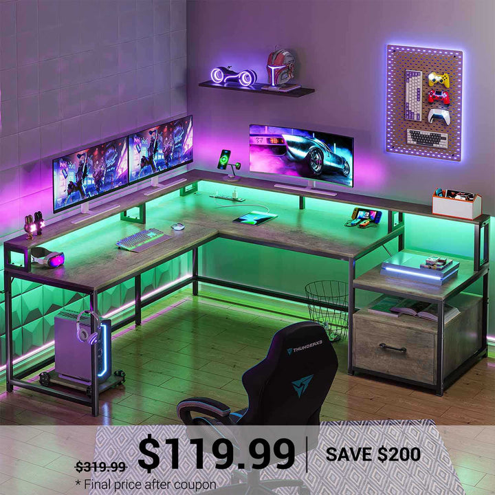 SEDETA® 66 Inch L Shaped LED Gaming Desk Home Office Corner Computer Table with Storage Shelves
