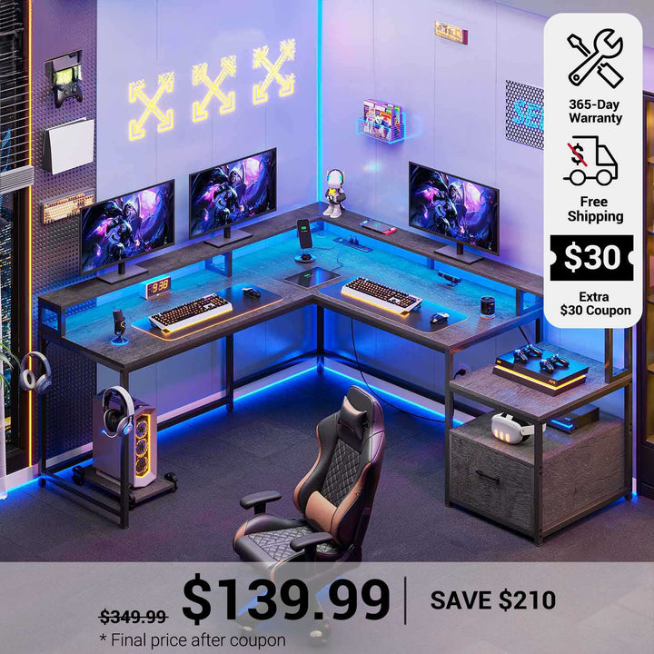 SEDETA 66 Inch L Shaped Gaming Desk Two Person Desk with Led Lights