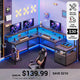 SEDETA 66 Inch L Shaped Gaming Desk Two Person Desk with Led Lights