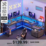 SEDETA® 66 Inch L Shaped LED Gaming Desk Home Office Corner Computer Table with Storage Shelves