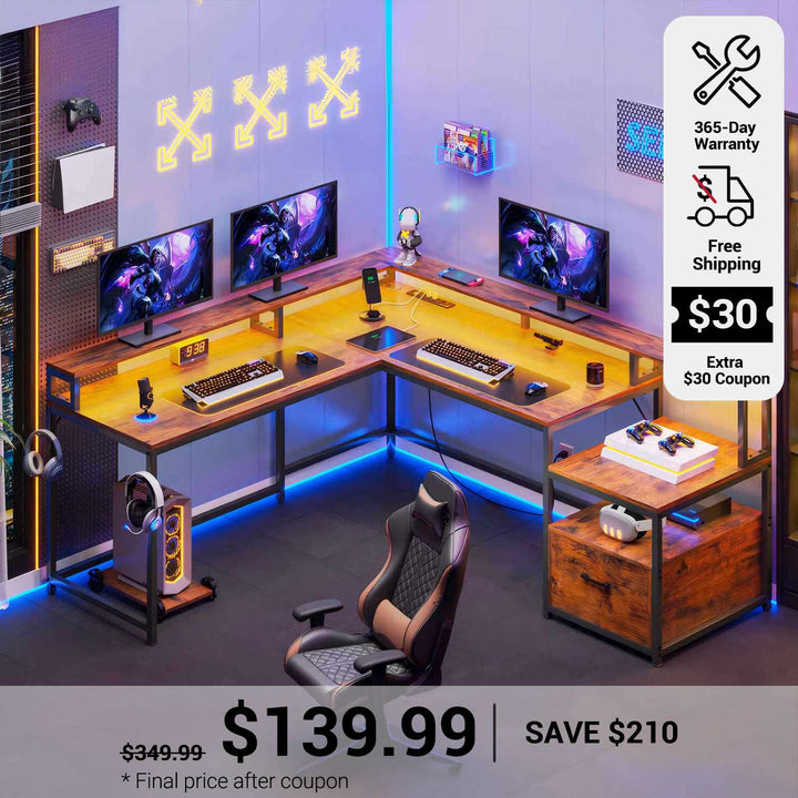 SEDETA 66 Inch L Shaped Gaming Desk Two Person Desk with Led Lights