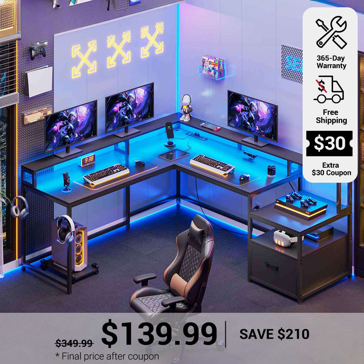 SEDETA 66 Inch L Shaped Gaming Desk Two Person Desk with Led Lights