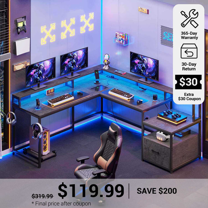 SEDETA® 66 Inch L Shaped LED Gaming Desk Home Office Corner Computer Table with Storage Shelves
