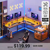 SEDETA® 66 Inch L Shaped LED Gaming Desk Home Office Corner Computer Table with Storage Shelves