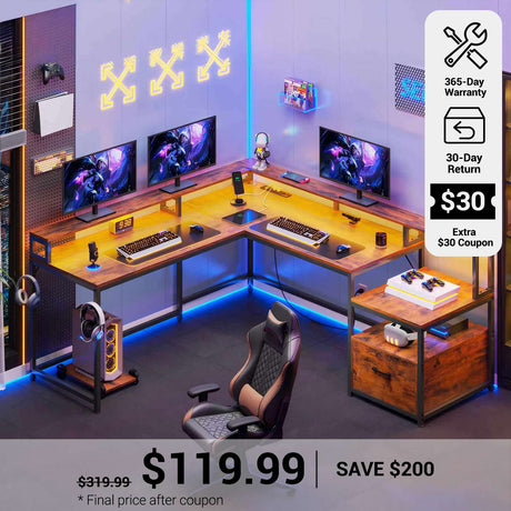 SEDETA® 66 Inch L Shaped LED Gaming Desk Home Office Corner Computer Table with Storage Shelves