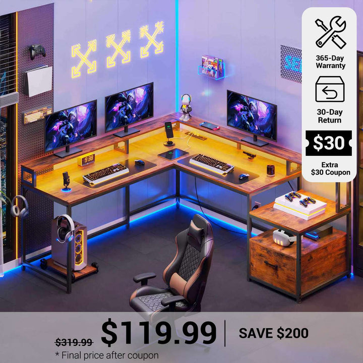 SEDETA® 66 Inch L Shaped LED Gaming Desk Home Office Corner Computer Table with Storage Shelves
