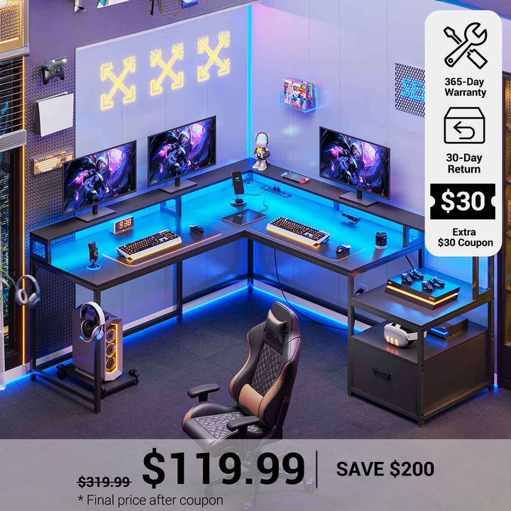 SEDETA® 66 Inch L Shaped LED Gaming Desk Home Office Corner Computer Table with Storage Shelves