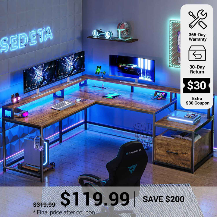 SEDETA® 66 Inch L Shaped LED Gaming Desk Home Office Corner Computer Table with Storage Shelves