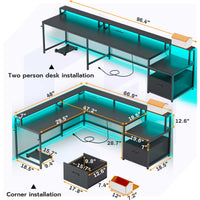SEDETA 66 Inch L Shaped Gaming Desk Two Person Desk with Led Lights