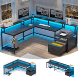 SEDETA - 66 Inch Corner L Shaped Computer Desk Office Desk Gaming Table with Led Lights File Drawer Power Outlet Monitor Shelf Printer Storage Shelves