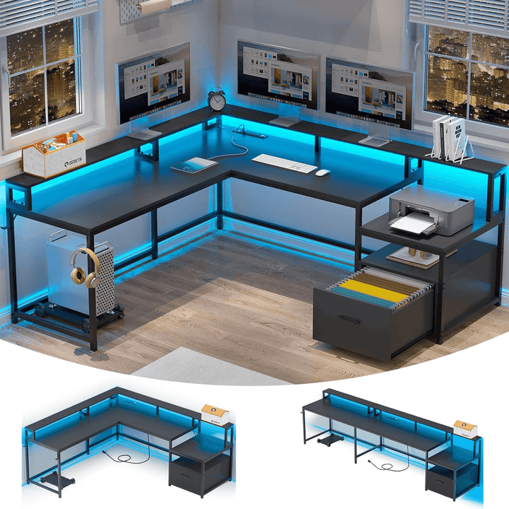 SEDETA - 66 Inch Corner L Shaped Computer Desk Office Desk Gaming Table with Led Lights File Drawer Power Outlet Monitor Shelf Printer Storage Shelves