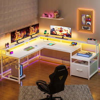 SEDETA 66 Inch L Shaped Gaming Desk Two Person Desk with Led Lights