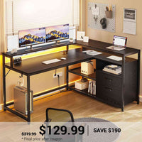 SEDETA | 55 Inch L Shaped Corner Gaming Desk with Drawers and Printer Storage Shelves