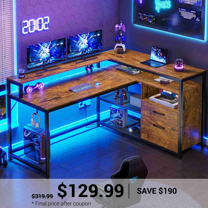 SEDETA | 55 Inch L Shaped Corner Gaming Desk with Drawers and Printer Storage Shelves